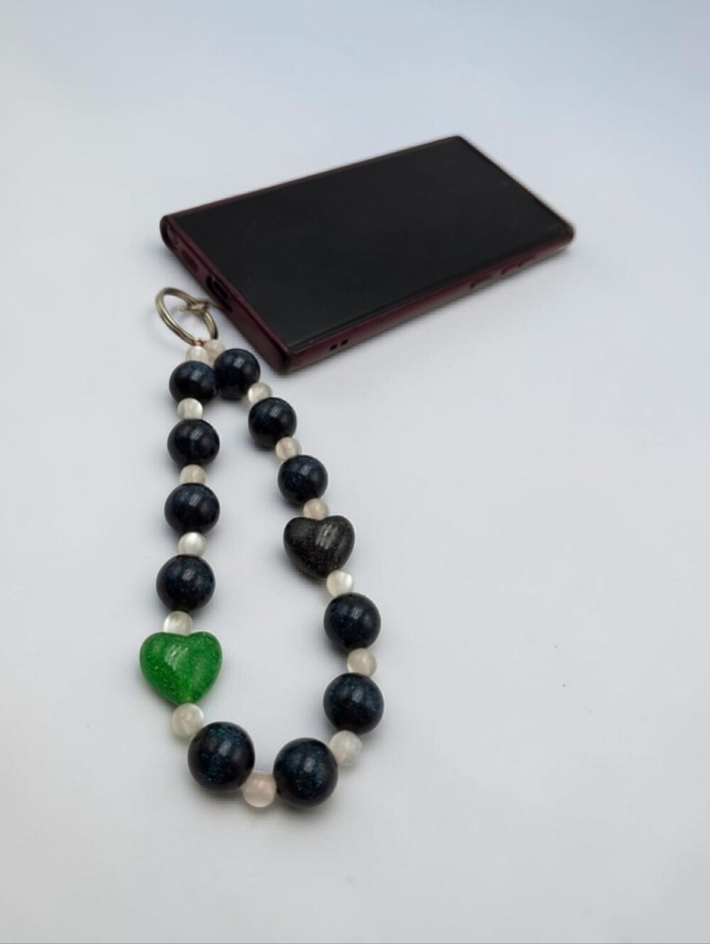 Handmade Black and Green Beaded Phone Charm